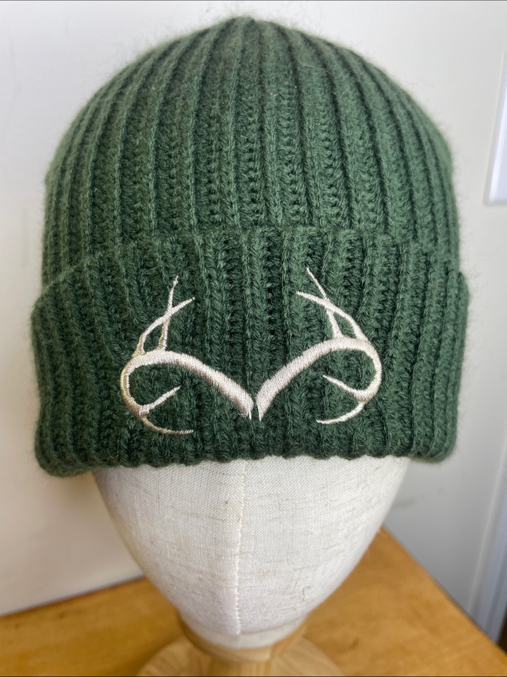 Green Ribbed Knit Beanie with Antler Embroidery